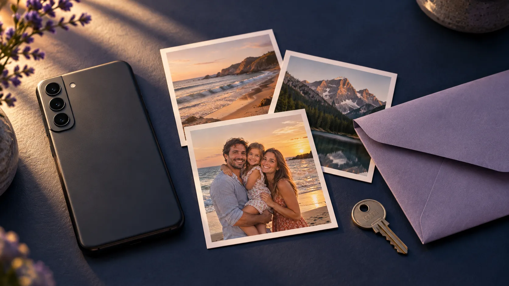 Editorial illustration of a face-down phone beside printed photos, a lavender envelope, and a key.