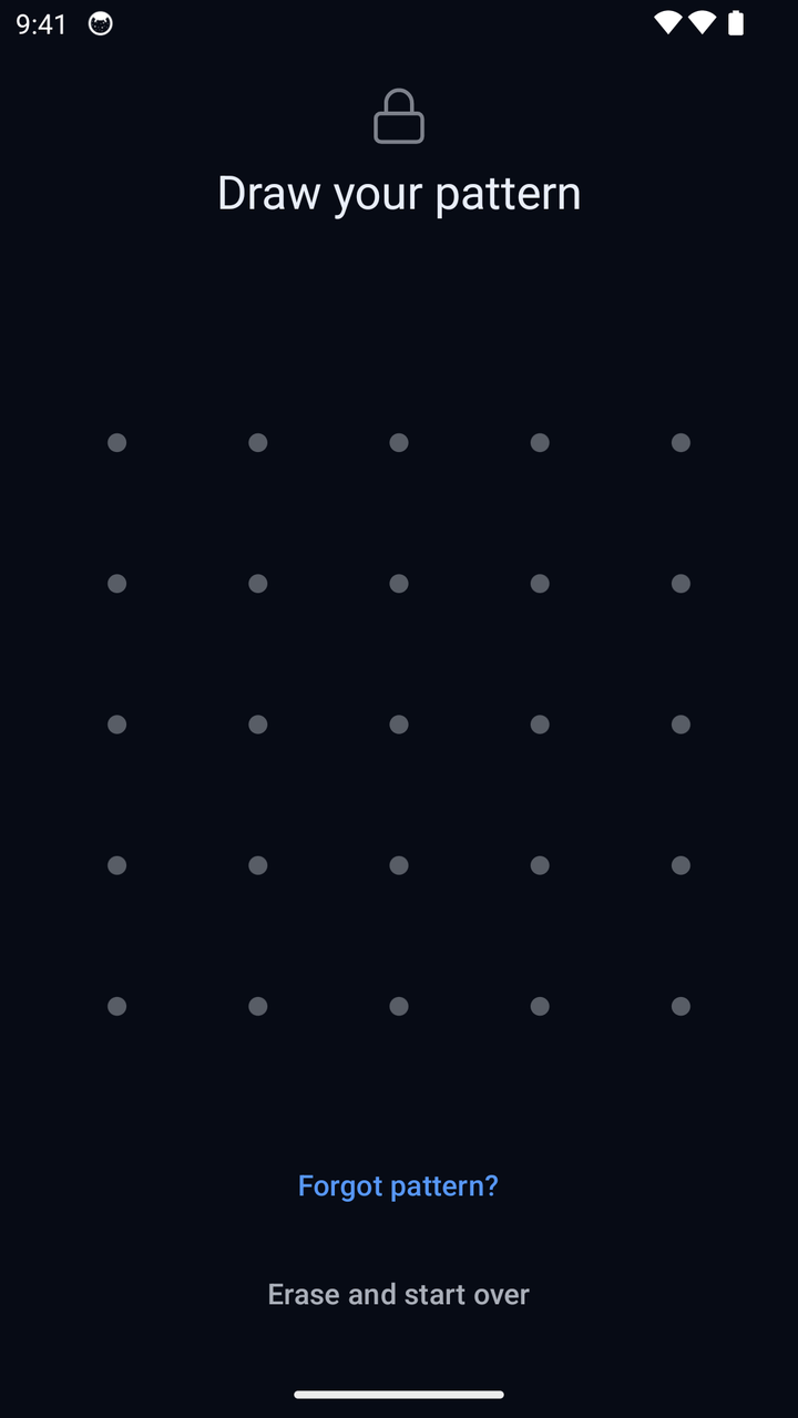 Hidewell for Android asking for a vault pattern on a five-by-five dot grid.